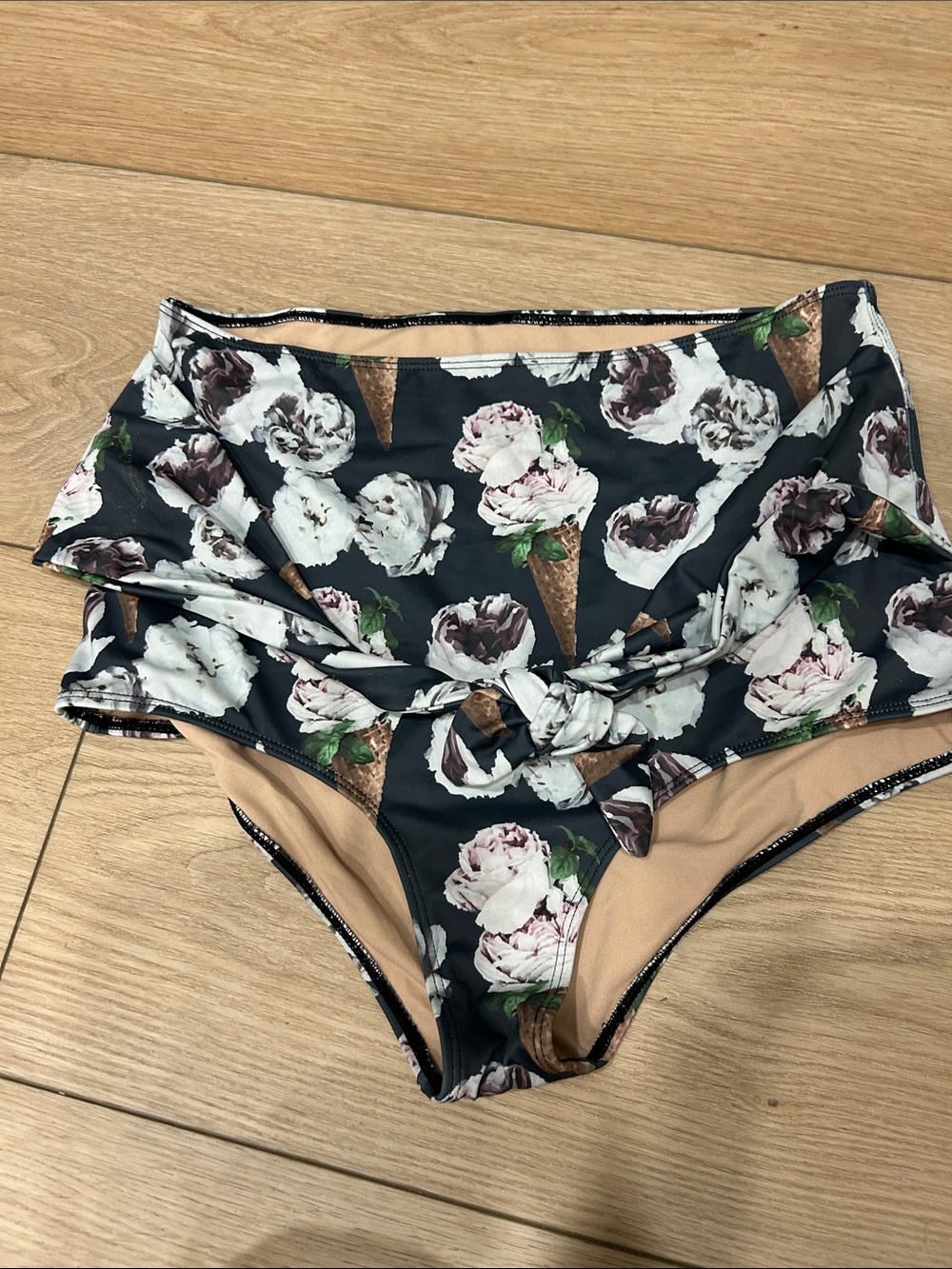 Kortni Jeane Black Floral Ice Cream Cone High Waist Bikini Bottoms